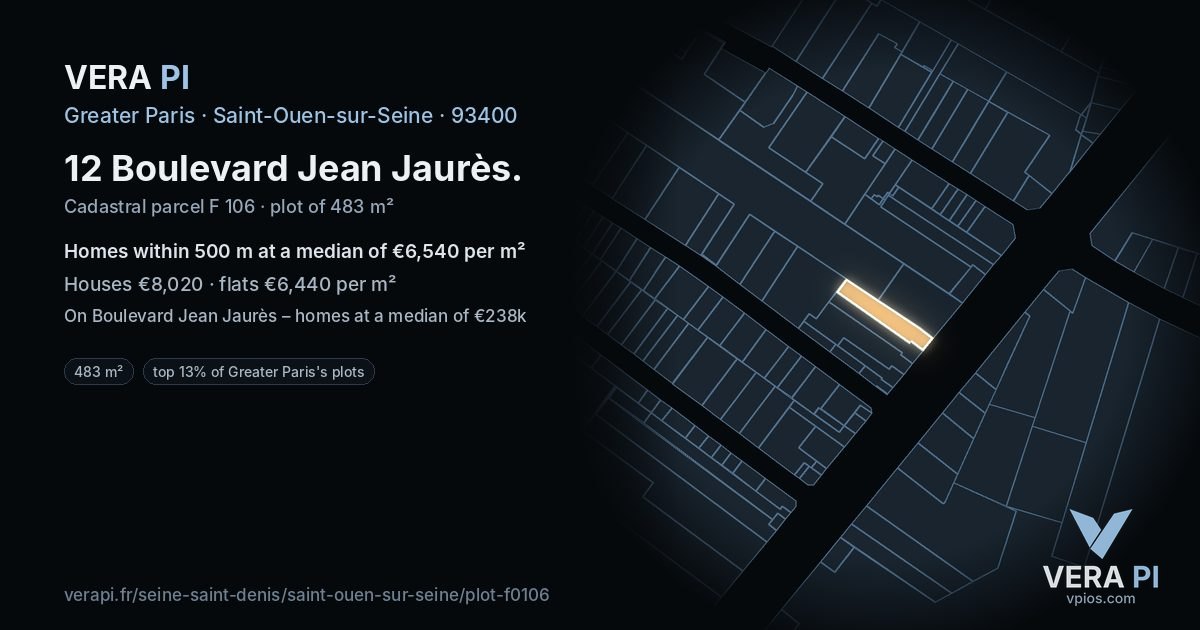 12 Boulevard Jean Jaurès, Saint-Ouen-sur-Seine at night – the plot lit, the parcels around coloured by the prices near them