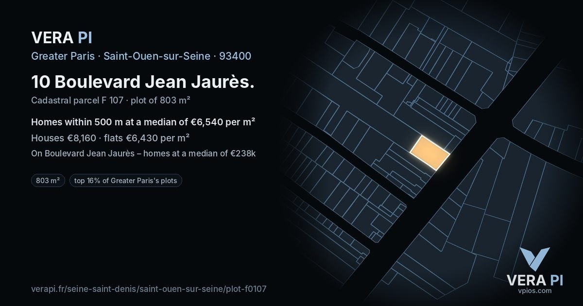 10 Boulevard Jean Jaurès, Saint-Ouen-sur-Seine at night – the plot lit, the parcels around coloured by the prices near them