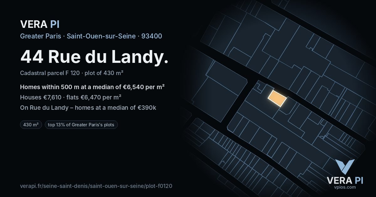 44 Rue du Landy, Saint-Ouen-sur-Seine at night – the plot lit, the parcels around coloured by the prices near them