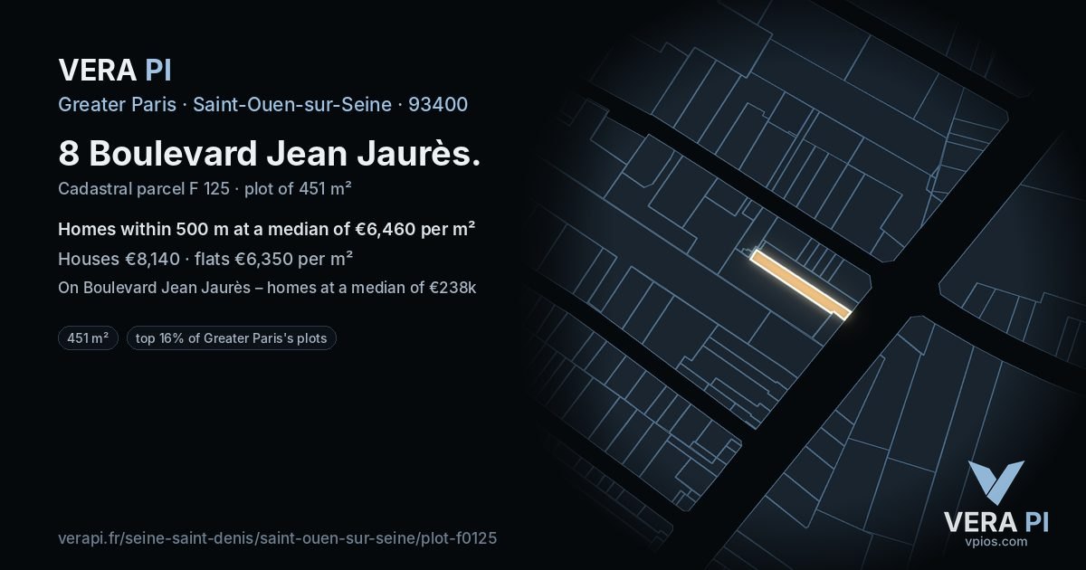 8 Boulevard Jean Jaurès, Saint-Ouen-sur-Seine at night – the plot lit, the parcels around coloured by the prices near them