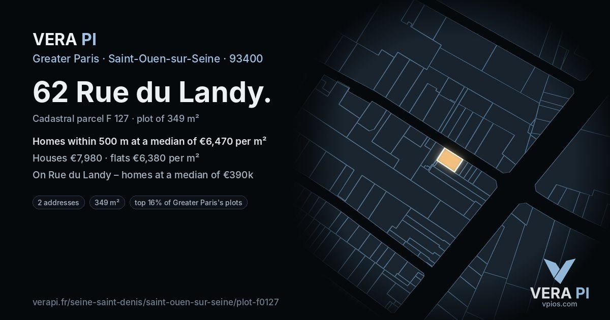 62 Rue du Landy, Saint-Ouen-sur-Seine at night – the plot lit, the parcels around coloured by the prices near them