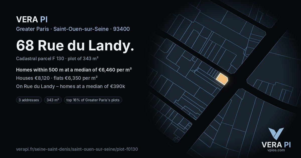 68 Rue du Landy, Saint-Ouen-sur-Seine at night – the plot lit, the parcels around coloured by the prices near them