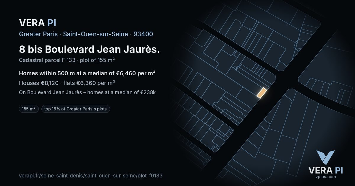 8 bis Boulevard Jean Jaurès, Saint-Ouen-sur-Seine at night – the plot lit, the parcels around coloured by the prices near them