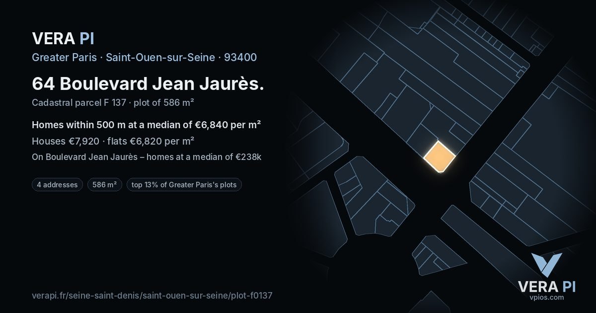 64 Boulevard Jean Jaurès, Saint-Ouen-sur-Seine at night – the plot lit, the parcels around coloured by the prices near them