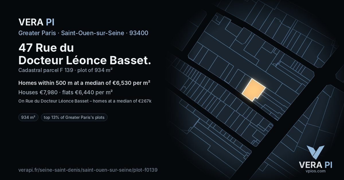 47 Rue du Docteur Léonce Basset, Saint-Ouen-sur-Seine at night – the plot lit, the parcels around coloured by the prices near them