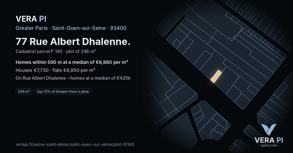 77 Rue Albert Dhalenne, Saint-Ouen-sur-Seine at night – the plot lit, the parcels around coloured by the prices near them