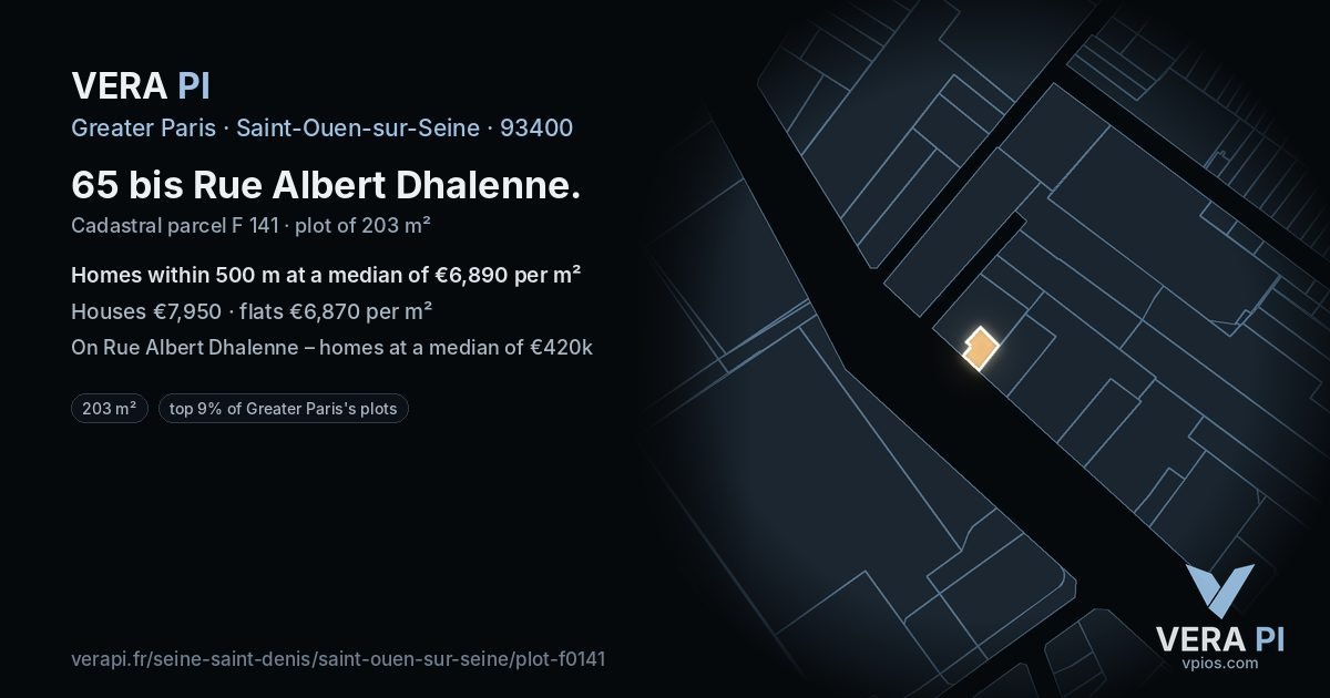 65 bis Rue Albert Dhalenne, Saint-Ouen-sur-Seine at night – the plot lit, the parcels around coloured by the prices near them