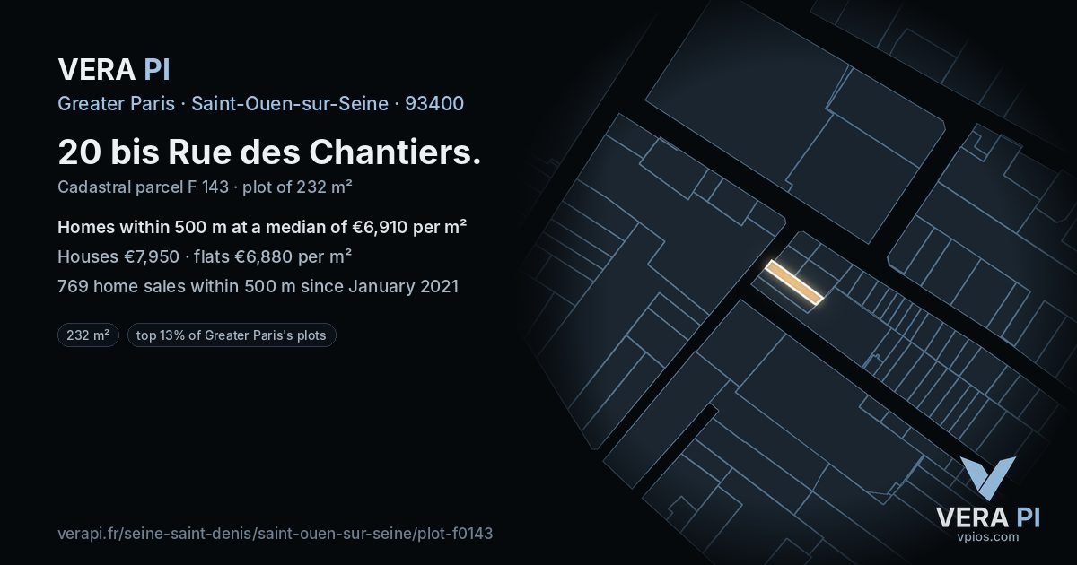 20 bis Rue des Chantiers, Saint-Ouen-sur-Seine at night – the plot lit, the parcels around coloured by the prices near them