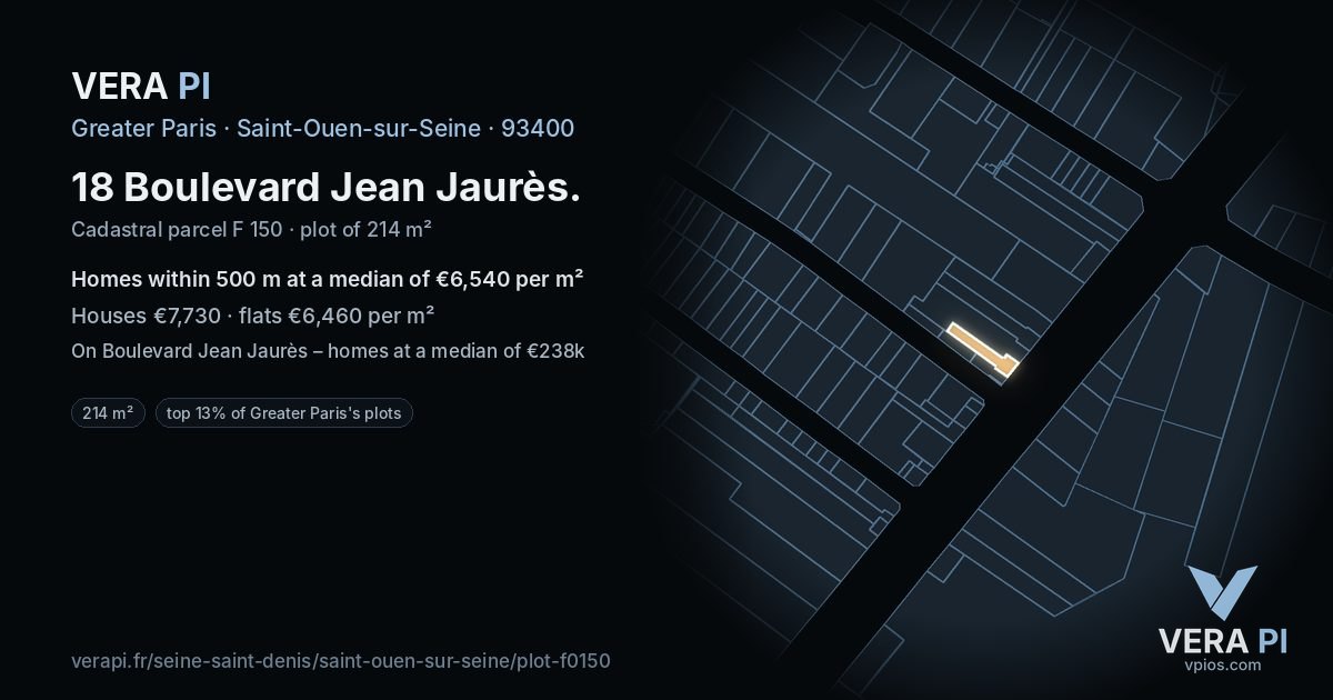 18 Boulevard Jean Jaurès, Saint-Ouen-sur-Seine at night – the plot lit, the parcels around coloured by the prices near them