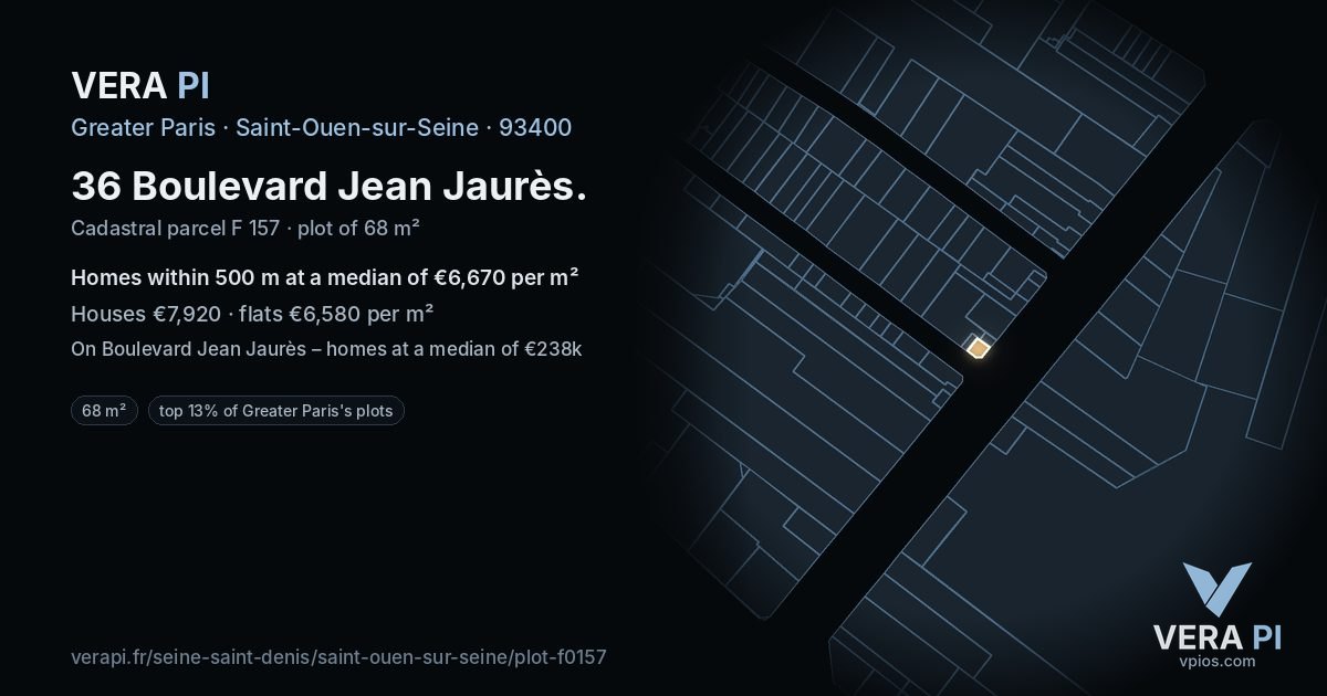 36 Boulevard Jean Jaurès, Saint-Ouen-sur-Seine at night – the plot lit, the parcels around coloured by the prices near them