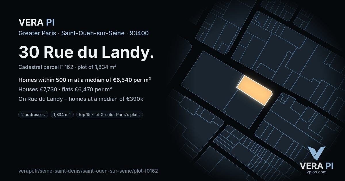 30 Rue du Landy, Saint-Ouen-sur-Seine at night – the plot lit, the parcels around coloured by the prices near them