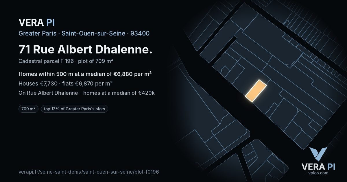 71 Rue Albert Dhalenne, Saint-Ouen-sur-Seine at night – the plot lit, the parcels around coloured by the prices near them