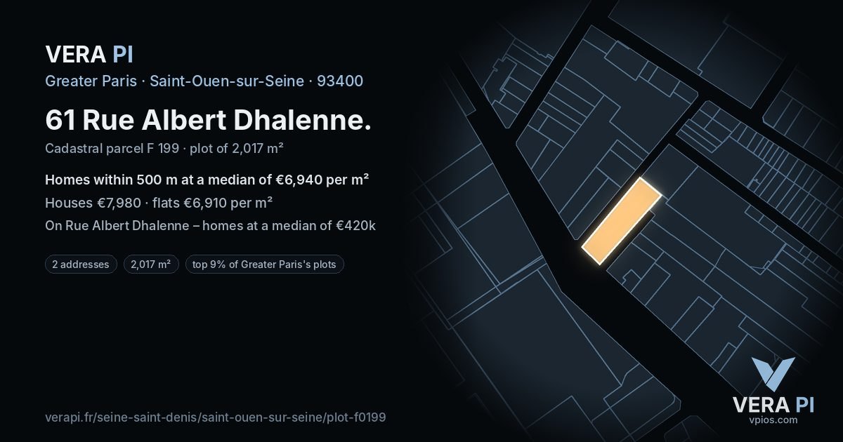 61 Rue Albert Dhalenne, Saint-Ouen-sur-Seine at night – the plot lit, the parcels around coloured by the prices near them