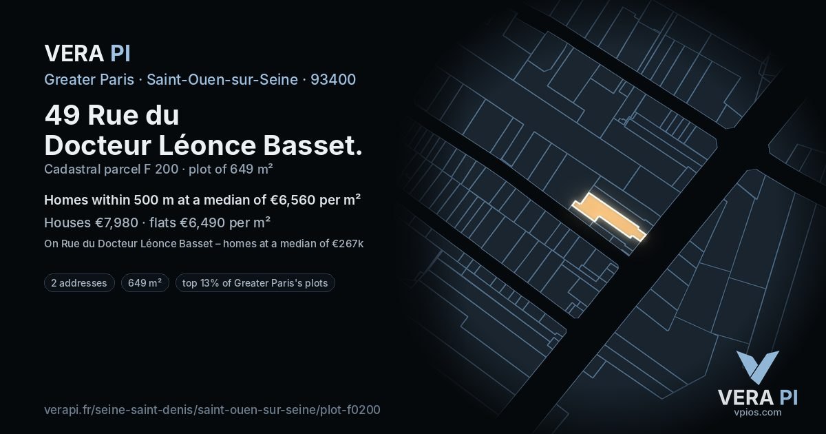 49 Rue du Docteur Léonce Basset, Saint-Ouen-sur-Seine at night – the plot lit, the parcels around coloured by the prices near them