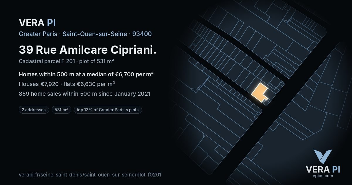 39 Rue Amilcare Cipriani, Saint-Ouen-sur-Seine at night – the plot lit, the parcels around coloured by the prices near them