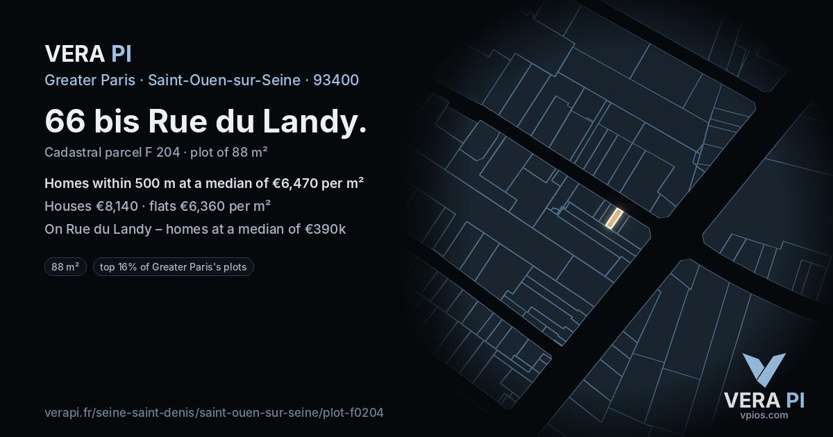 66 bis Rue du Landy, Saint-Ouen-sur-Seine at night – the plot lit, the parcels around coloured by the prices near them