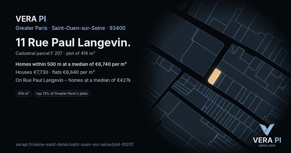 11 Rue Paul Langevin, Saint-Ouen-sur-Seine at night – the plot lit, the parcels around coloured by the prices near them
