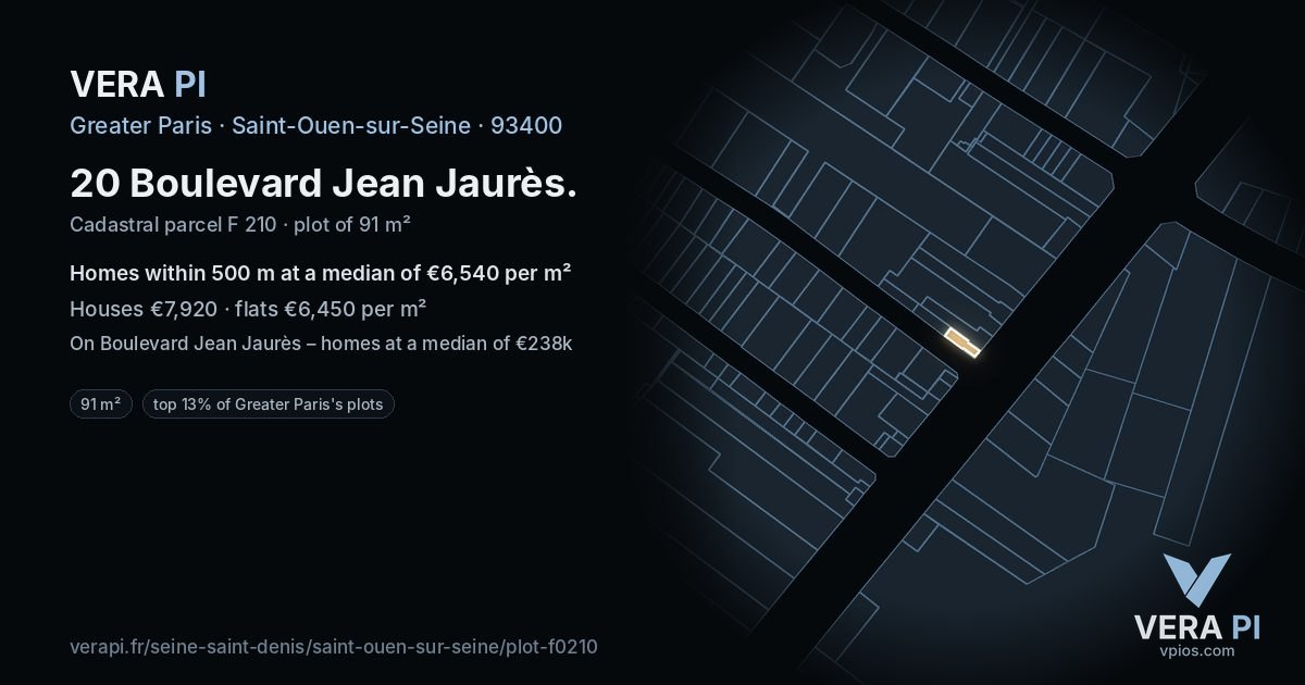 20 Boulevard Jean Jaurès, Saint-Ouen-sur-Seine at night – the plot lit, the parcels around coloured by the prices near them