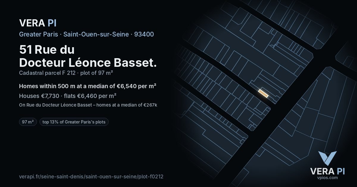 51 Rue du Docteur Léonce Basset, Saint-Ouen-sur-Seine at night – the plot lit, the parcels around coloured by the prices near them