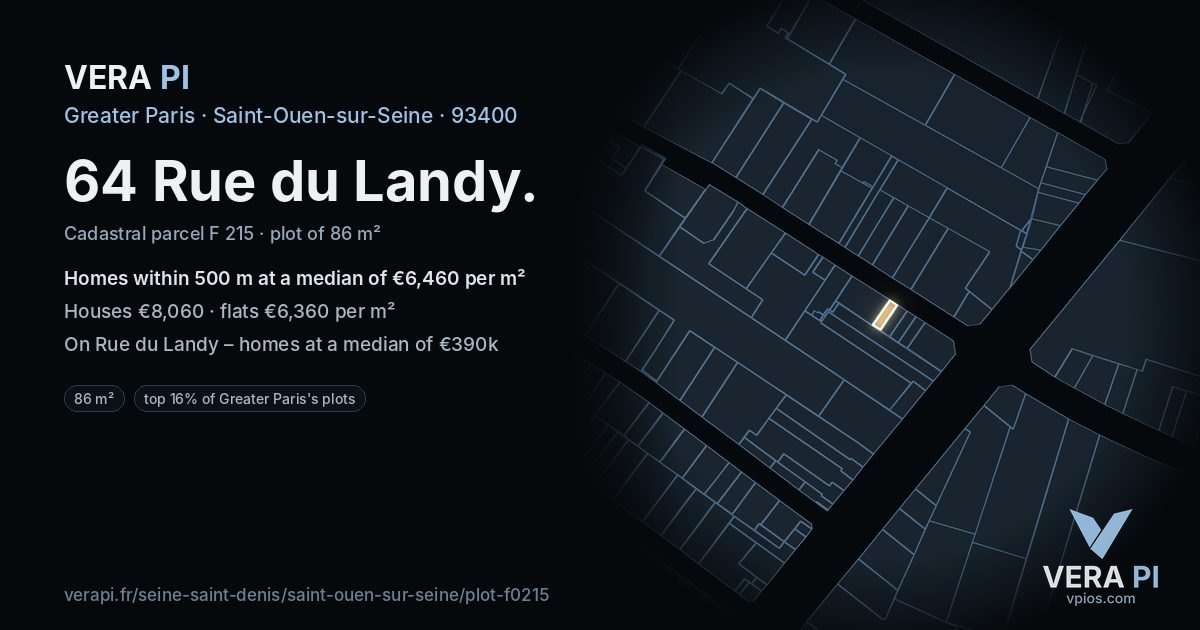 64 Rue du Landy, Saint-Ouen-sur-Seine at night – the plot lit, the parcels around coloured by the prices near them