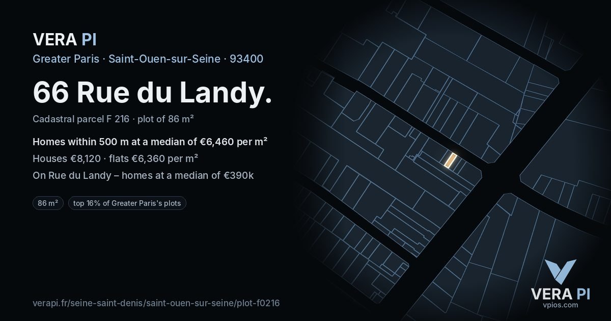 66 Rue du Landy, Saint-Ouen-sur-Seine at night – the plot lit, the parcels around coloured by the prices near them