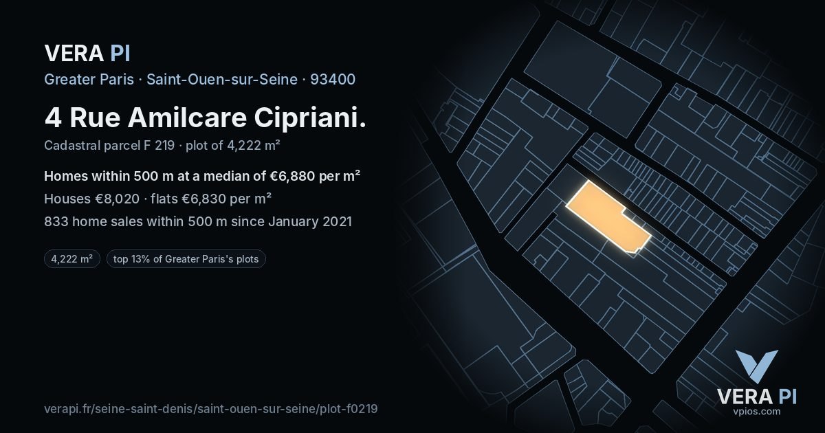 4 Rue Amilcare Cipriani, Saint-Ouen-sur-Seine at night – the plot lit, the parcels around coloured by the prices near them