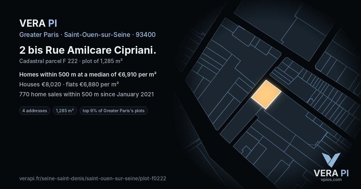 2 bis Rue Amilcare Cipriani, Saint-Ouen-sur-Seine at night – the plot lit, the parcels around coloured by the prices near them