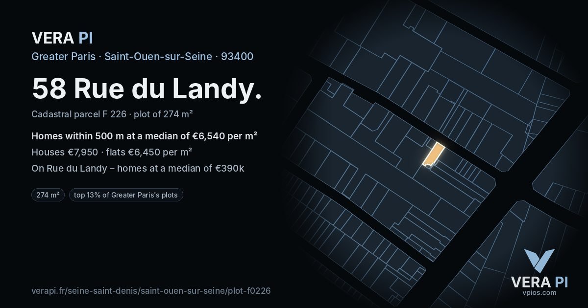 58 Rue du Landy, Saint-Ouen-sur-Seine at night – the plot lit, the parcels around coloured by the prices near them
