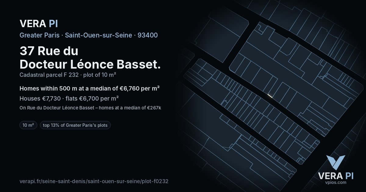 37 Rue du Docteur Léonce Basset, Saint-Ouen-sur-Seine at night – the plot lit, the parcels around coloured by the prices near them