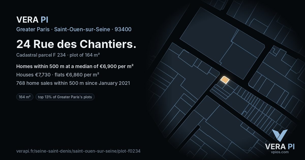 24 Rue des Chantiers, Saint-Ouen-sur-Seine at night – the plot lit, the parcels around coloured by the prices near them