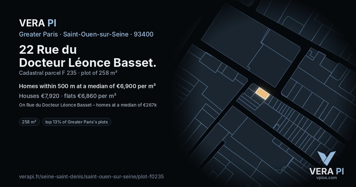 22 Rue du Docteur Léonce Basset, Saint-Ouen-sur-Seine at night – the plot lit, the parcels around coloured by the prices near them