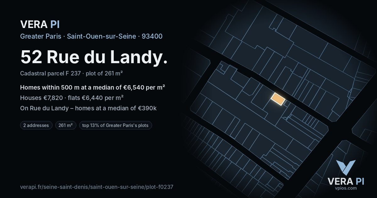 52 Rue du Landy, Saint-Ouen-sur-Seine at night – the plot lit, the parcels around coloured by the prices near them