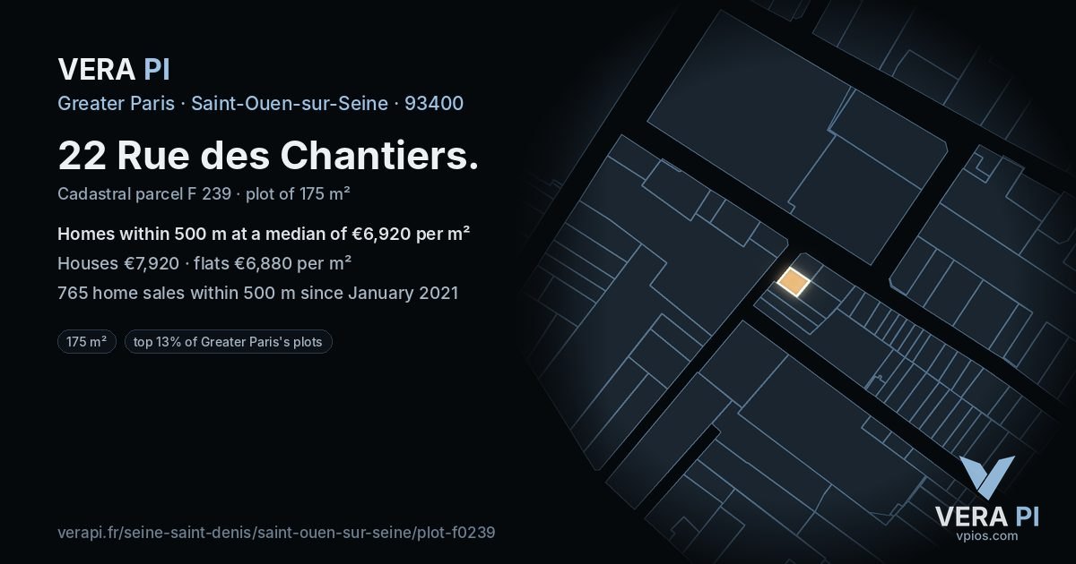 22 Rue des Chantiers, Saint-Ouen-sur-Seine at night – the plot lit, the parcels around coloured by the prices near them