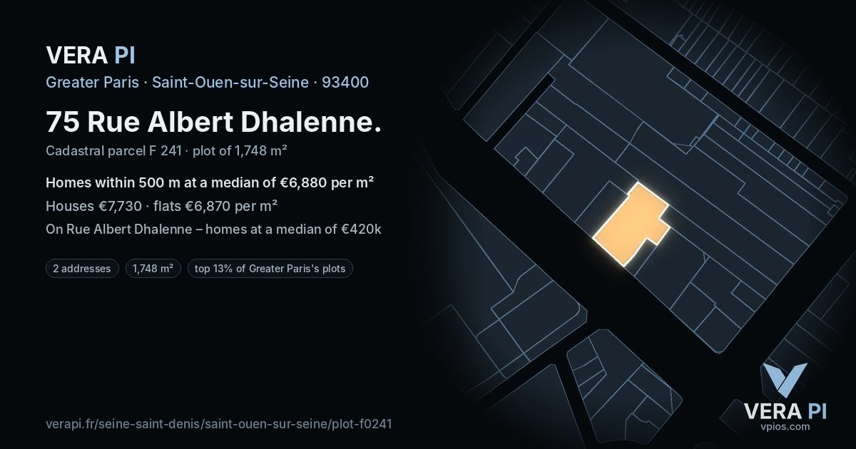 75 Rue Albert Dhalenne, Saint-Ouen-sur-Seine at night – the plot lit, the parcels around coloured by the prices near them