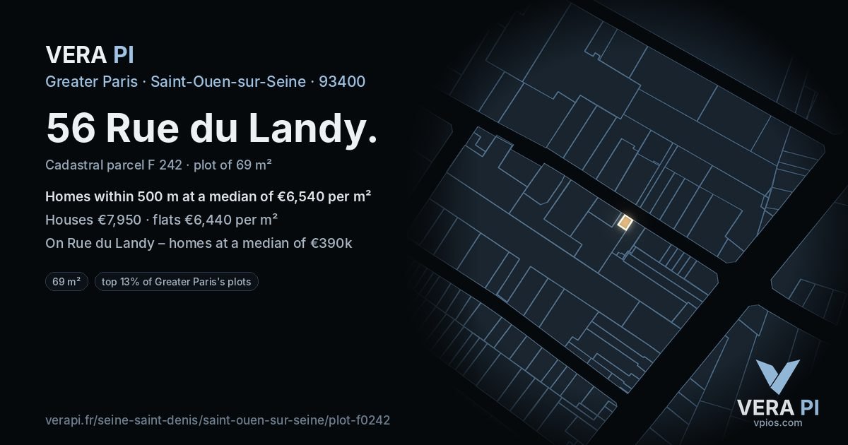 56 Rue du Landy, Saint-Ouen-sur-Seine at night – the plot lit, the parcels around coloured by the prices near them