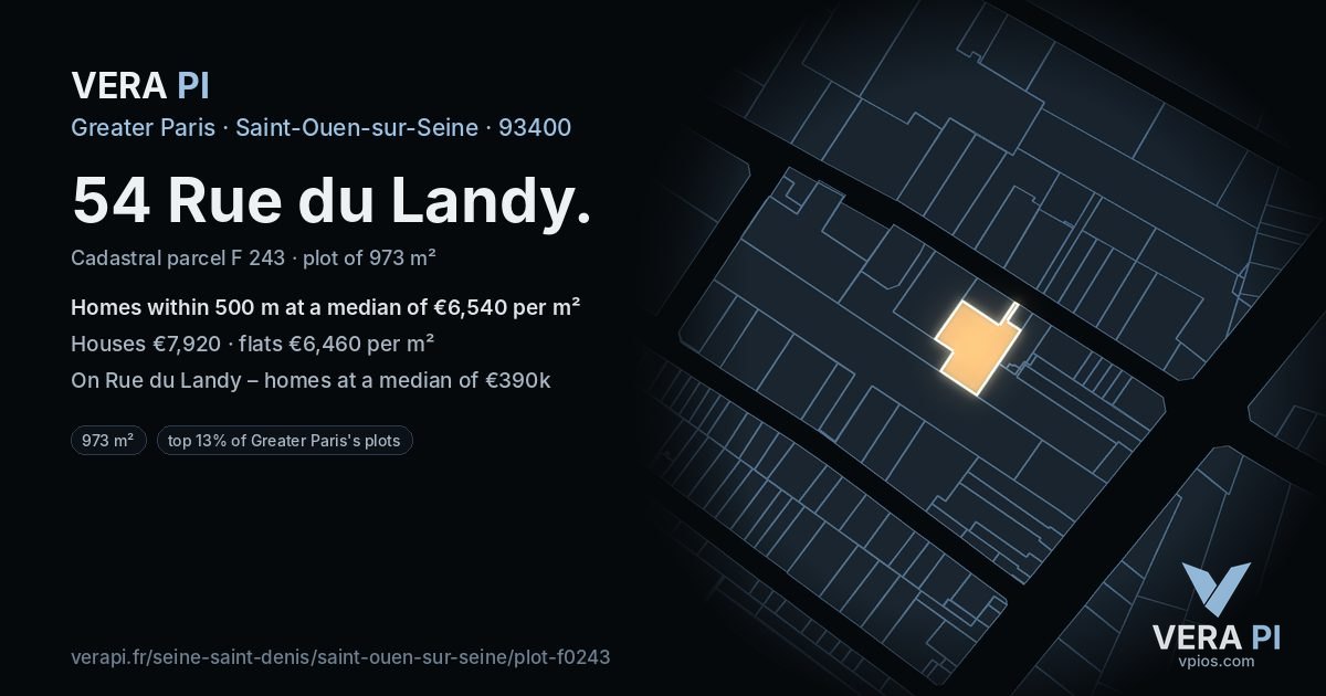 54 Rue du Landy, Saint-Ouen-sur-Seine at night – the plot lit, the parcels around coloured by the prices near them