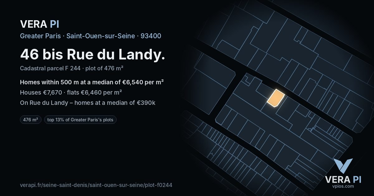 46 bis Rue du Landy, Saint-Ouen-sur-Seine at night – the plot lit, the parcels around coloured by the prices near them