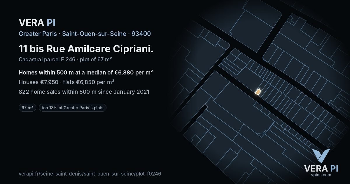 11 bis Rue Amilcare Cipriani, Saint-Ouen-sur-Seine at night – the plot lit, the parcels around coloured by the prices near them