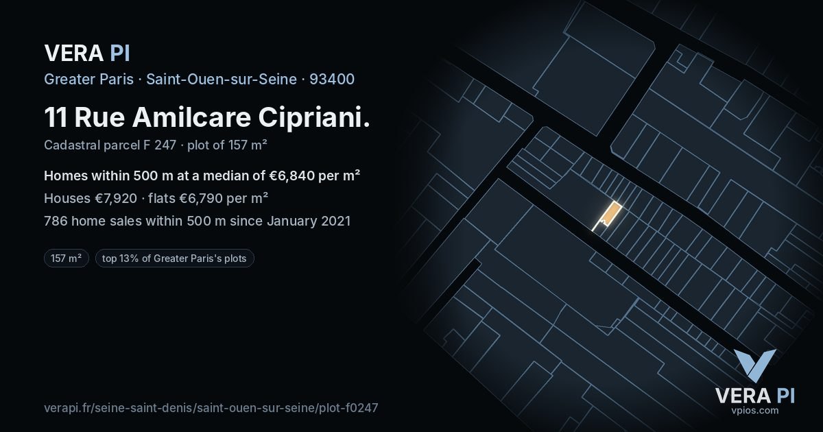 11 Rue Amilcare Cipriani, Saint-Ouen-sur-Seine at night – the plot lit, the parcels around coloured by the prices near them