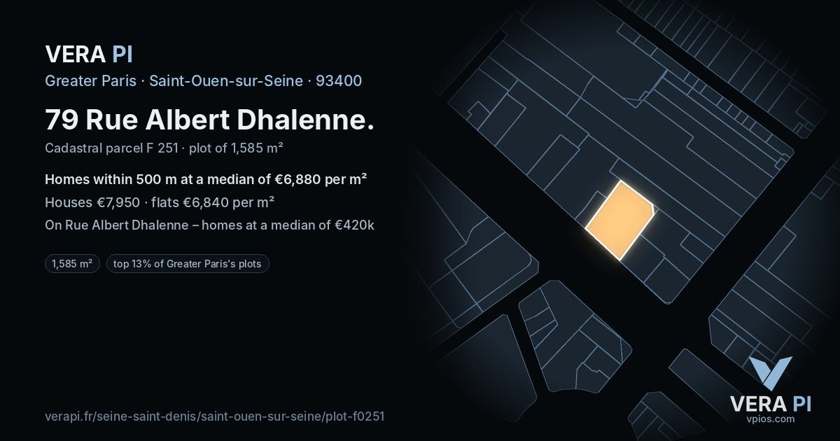 79 Rue Albert Dhalenne, Saint-Ouen-sur-Seine at night – the plot lit, the parcels around coloured by the prices near them