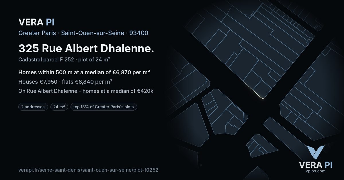 325 Rue Albert Dhalenne, Saint-Ouen-sur-Seine at night – the plot lit, the parcels around coloured by the prices near them