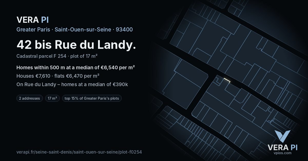 42 bis Rue du Landy, Saint-Ouen-sur-Seine at night – the plot lit, the parcels around coloured by the prices near them