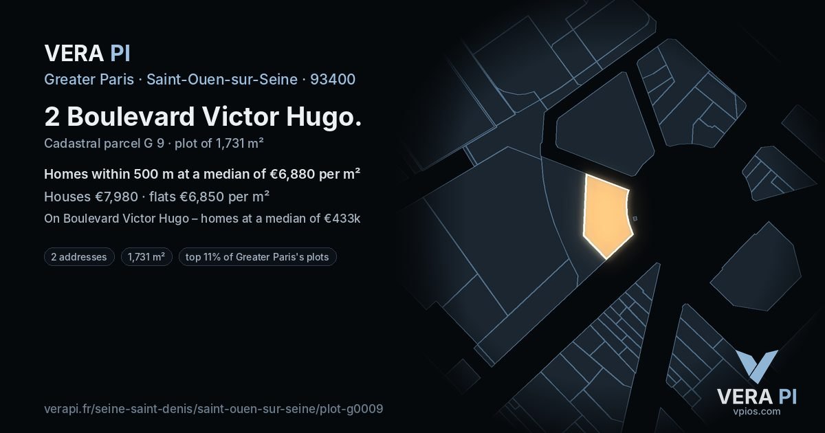 2 Boulevard Victor Hugo, Saint-Ouen-sur-Seine at night – the plot lit, the parcels around coloured by the prices near them