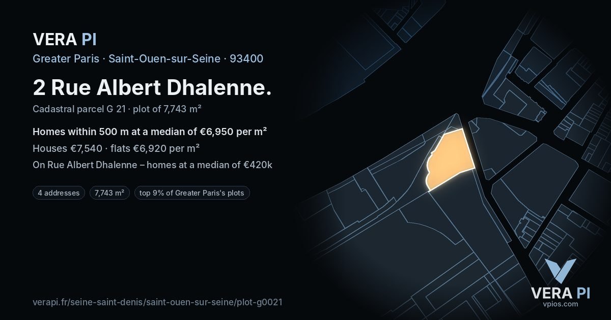 2 Rue Albert Dhalenne, Saint-Ouen-sur-Seine at night – the plot lit, the parcels around coloured by the prices near them