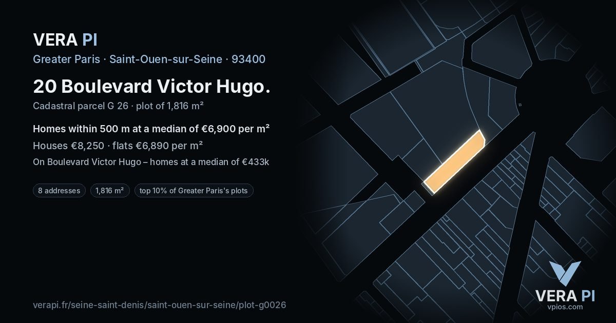 20 Boulevard Victor Hugo, Saint-Ouen-sur-Seine at night – the plot lit, the parcels around coloured by the prices near them