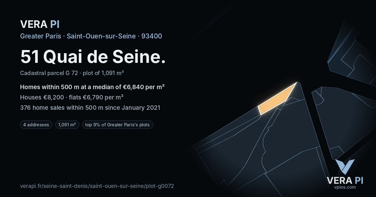 51 Quai de Seine, Saint-Ouen-sur-Seine at night – the plot lit, the parcels around coloured by the prices near them