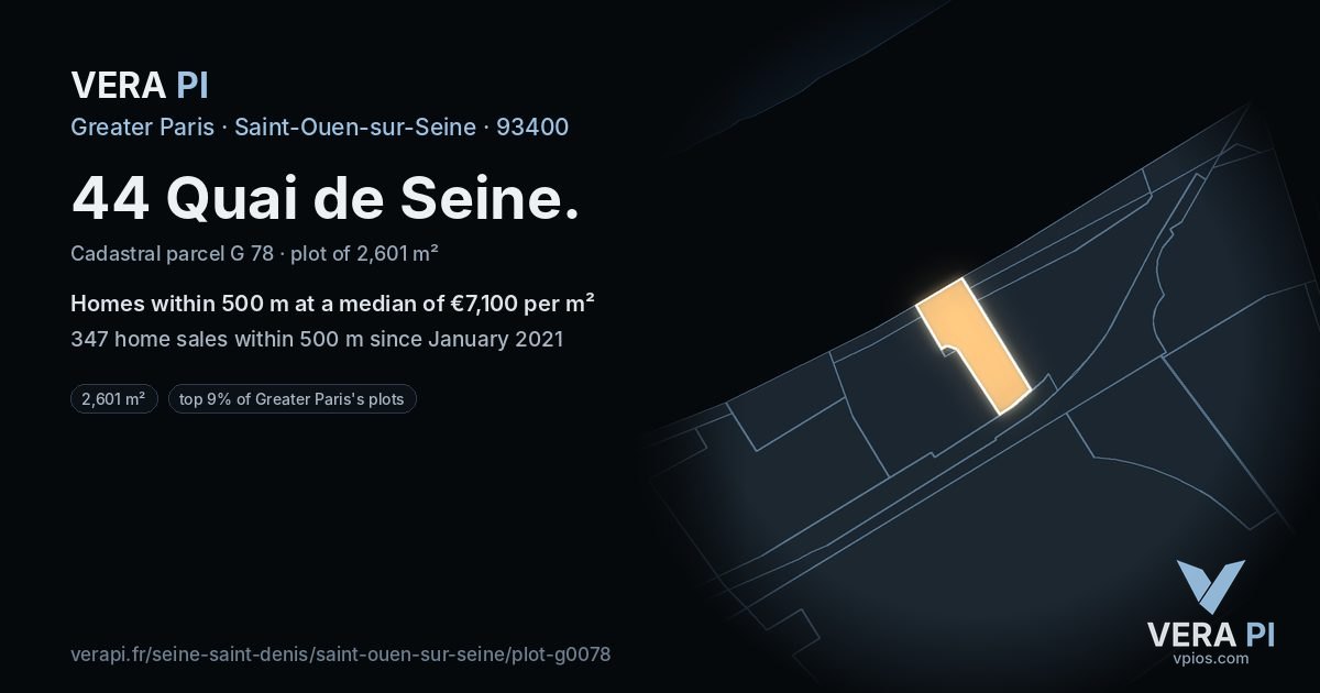 44 Quai de Seine, Saint-Ouen-sur-Seine at night – the plot lit, the parcels around coloured by the prices near them