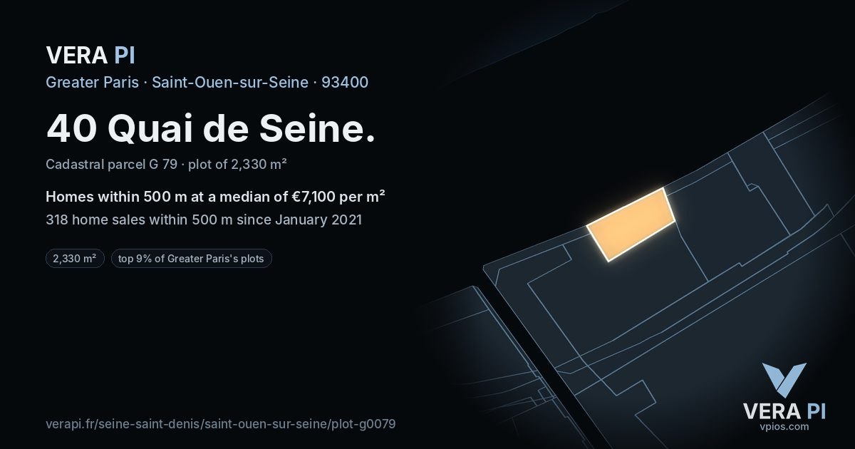 40 Quai de Seine, Saint-Ouen-sur-Seine at night – the plot lit, the parcels around coloured by the prices near them