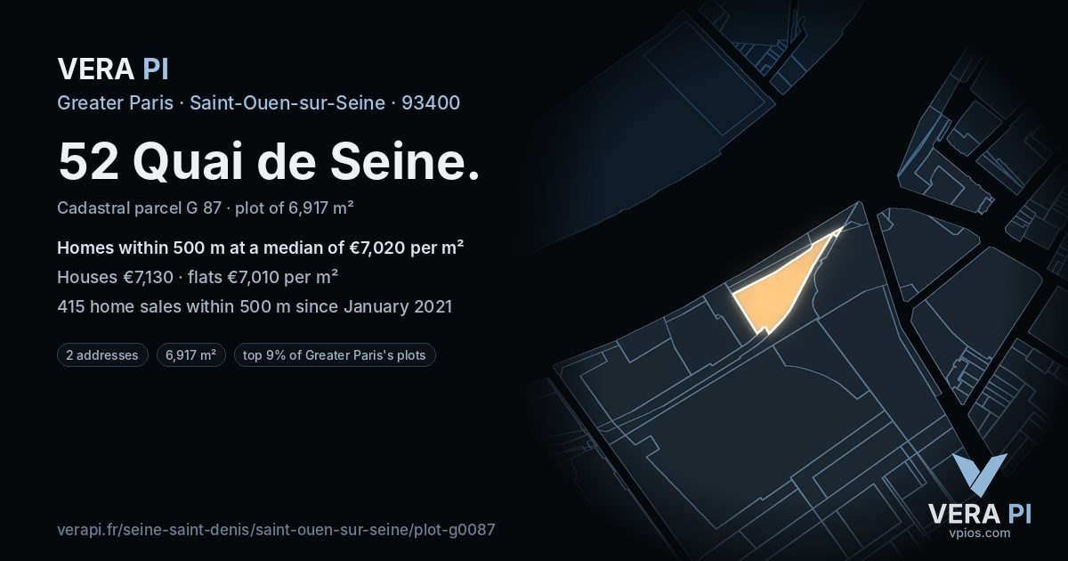 52 Quai de Seine, Saint-Ouen-sur-Seine at night – the plot lit, the parcels around coloured by the prices near them