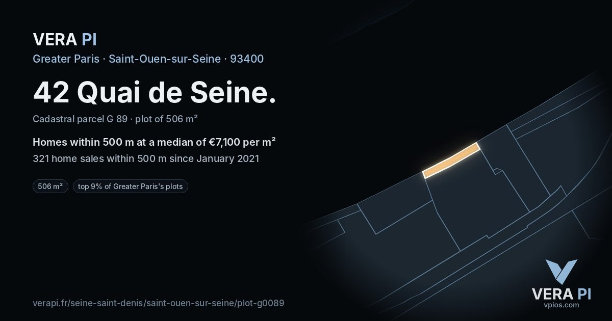 42 Quai de Seine, Saint-Ouen-sur-Seine at night – the plot lit, the parcels around coloured by the prices near them